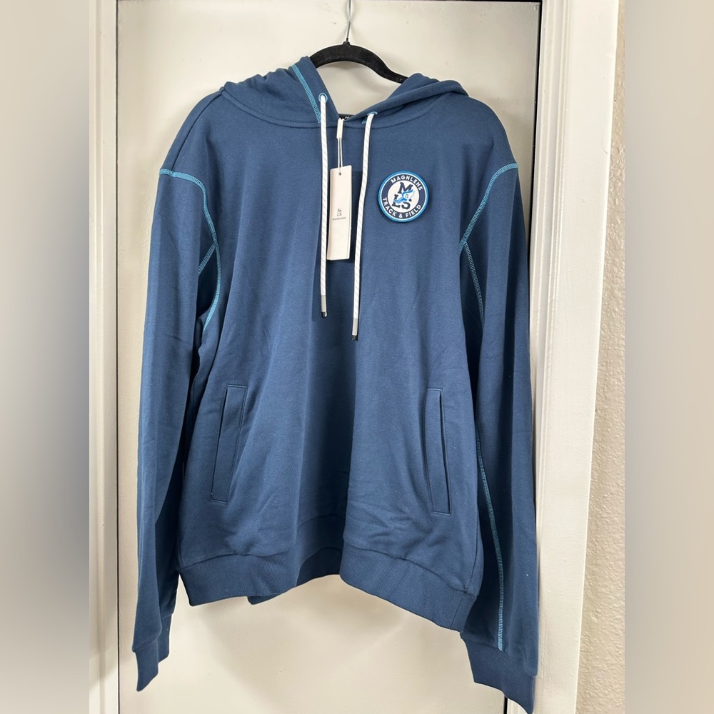 NWT $105 MAGNLENS Men’s Pullover Sweatshirt Blue logo Medium Large Cotton Hoodie